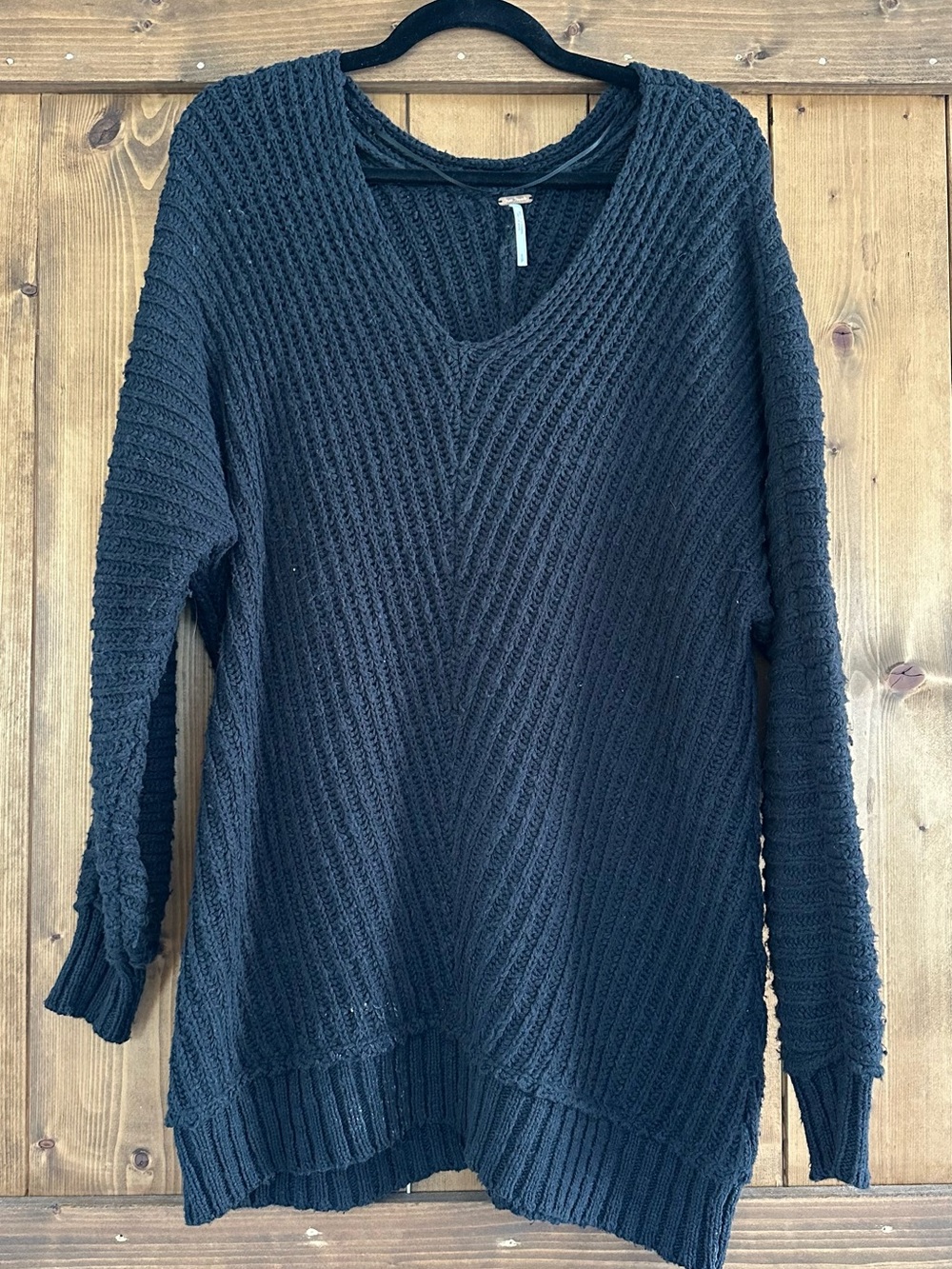 Free People Black Chunky Knit V-Neck Sweater